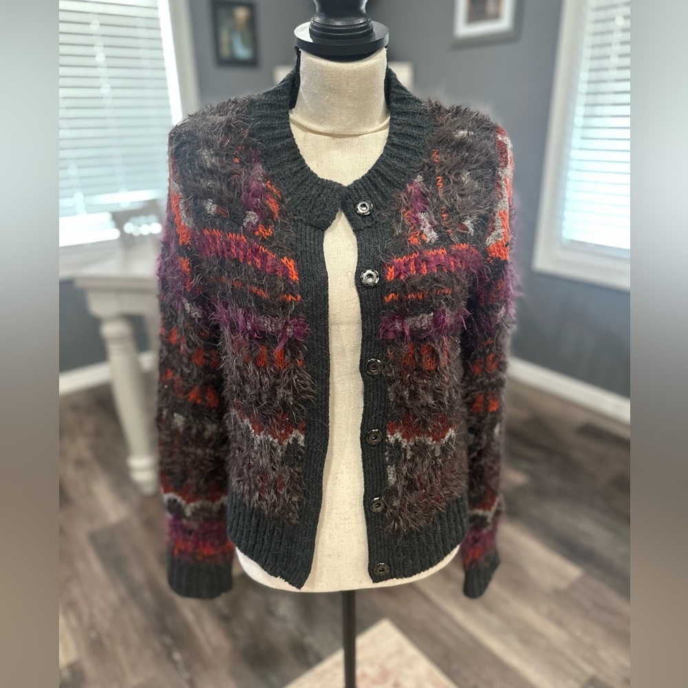 Free People Nordic Parti Eyelash Cardigan Sweater Fair Isle Gray Wool Size S